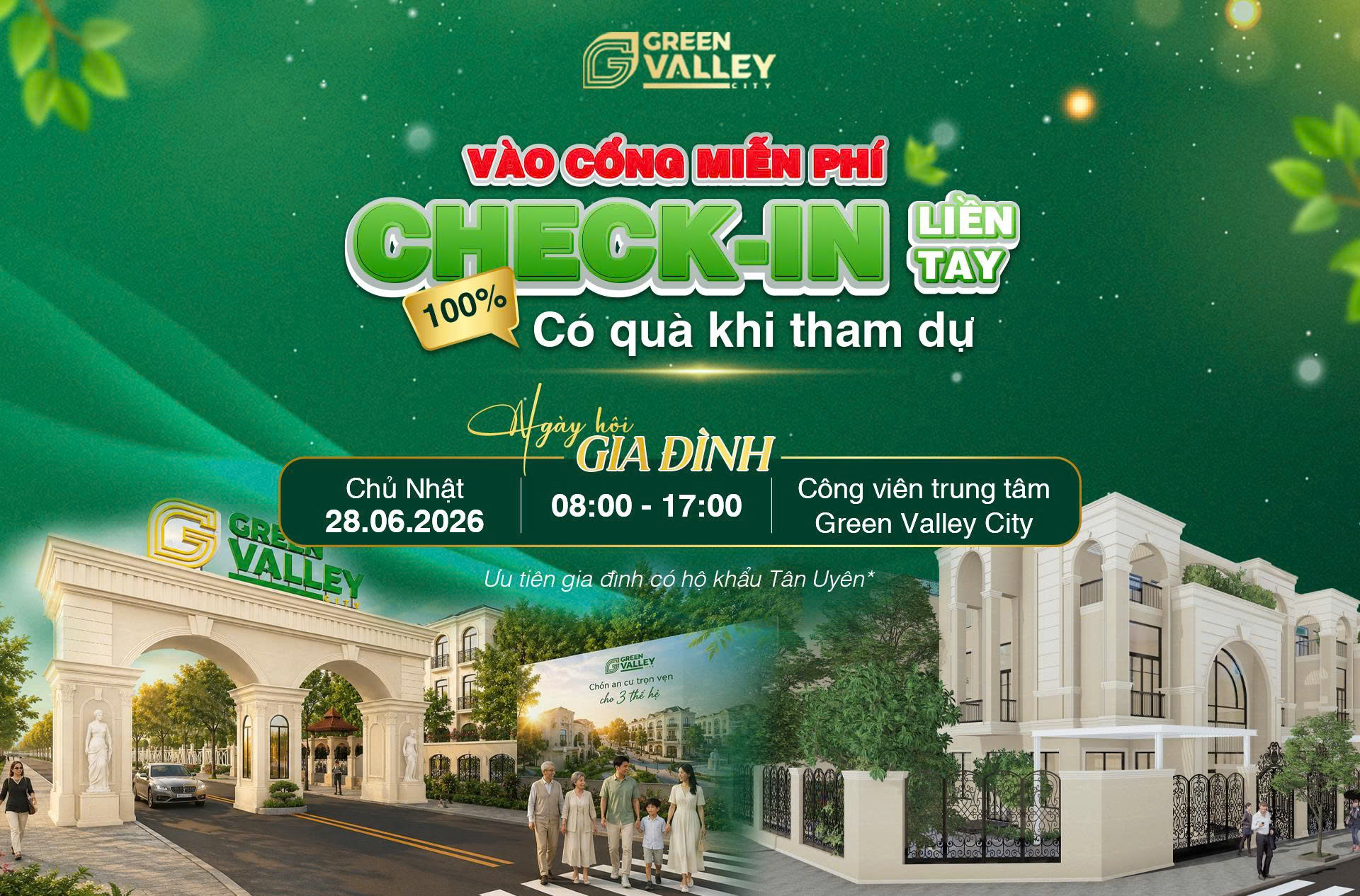 Tân Uyên, Bình Dương – Ngày 28/06/2026 tới đây, tại Công viên trung tâm Green Valley City sẽ diễn ra chương trình “Ngày hội Gia đình Green Valley City 2026”, sự kiện cộng đồng quy mô lớn dành cho cư dân, khách hàng, nhà đầu tư và các gia đình khu vực Tân Uyên cùng các địa phương lân cận. Với chủ đề “Kết nối thế hệ – Gắn kết yêu thương”, chương trình được tổ chức nhằm tạo ra một không gian vui chơi, trải nghiệm và giao lưu dành cho cả gia đình trong dịp cuối tuần. Đây cũng là hoạt động cộng đồng tiêu biểu nằm trong chuỗi sự kiện phát triển văn hóa cư dân mà Green Valley City đang hướng đến. Từ 08h00 đến 17h00 ngày 28/06/2026, hàng trăm gia đình sẽ cùng tham gia các hoạt động trải nghiệm đa dạng tại khuôn viên công viên trung tâm của dự án. Khu vực trẻ em được đầu tư nhiều hoạt động hấp dẫn như nhà phao, tô tượng, làm tranh cát, chú hề tạo hình bong bóng, biểu diễn ảo thuật và các trò chơi vận động. Đây là không gian để các em nhỏ vừa vui chơi vừa phát triển khả năng sáng tạo và tương tác xã hội. Trong khi đó, khu vực gia đình sẽ diễn ra nhiều hoạt động gắn kết giữa các thế hệ như các trò chơi tập thể, giao lưu cộng đồng và những chương trình tương tác mang tính kết nối cao. Các hoạt động được thiết kế để cha mẹ và con cái cùng tham gia, tạo nên những khoảnh khắc ý nghĩa trong ngày cuối tuần. Điểm nhấn của chương trình là sân khấu chính với các tiết mục văn nghệ, giao lưu, bốc thăm may mắn và nhiều phần quà dành cho khách tham dự. Đặc biệt, toàn bộ khách đến tham dự đều được nhận quà check-in từ Ban Tổ chức. Theo đại diện Green Valley City, sự kiện không chỉ là ngày hội dành cho cư dân mà còn là dịp để cộng đồng địa phương trải nghiệm môi trường sống hiện đại, hệ thống tiện ích và không gian xanh đang được phát triển tại dự án. “Chúng tôi mong muốn xây dựng một cộng đồng cư dân văn minh, gắn kết và giàu giá trị nhân văn. Ngày hội Gia đình là bước khởi đầu cho chuỗi hoạt động cộng đồng thường niên tại Green Valley City”, đại diện Ban tổ chức chia sẻ. Sự kiện mở cửa miễn phí cho khách tham dự sau khi đăng ký trước với Ban tổ chức.